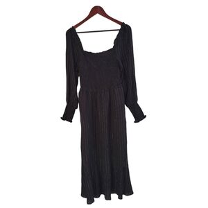 Oat New York Black Gold Smocked Puff Long Sleeve Midi Dress Small NWOT